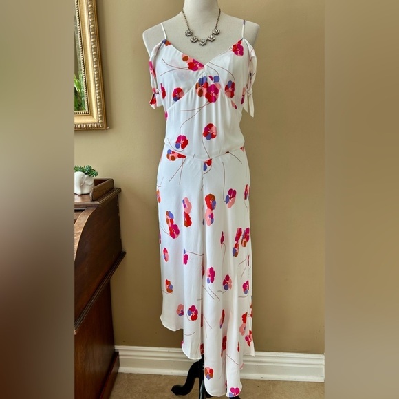 Lewit Tie Sleeve Off Shoulder Floral Asymmetrical Maxi Dress White Pink Size 8 - Picture 4 of 16